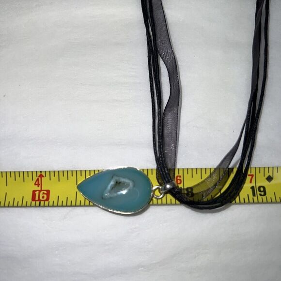 Chalcedony Druzy Necklace Set In 925 Silver Ribbon & Cord Turquoise Colored - Picture 6 of 8